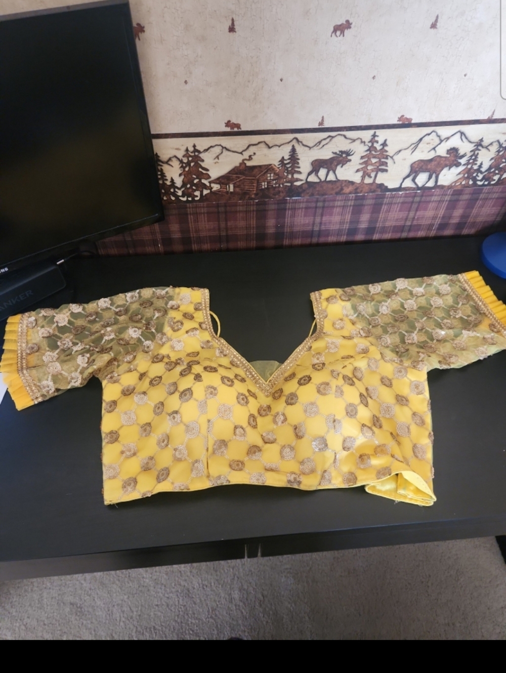 Yellow & Gold Sequins Padded Saree Blouse (Indian & Pakistani)Size 44